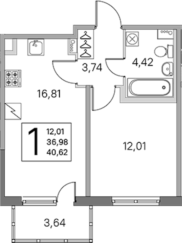 1-комнатная квартира 36.98 м², 2/5 эт., ЖК «ЮгТаун. Олимпийские кварталы»
